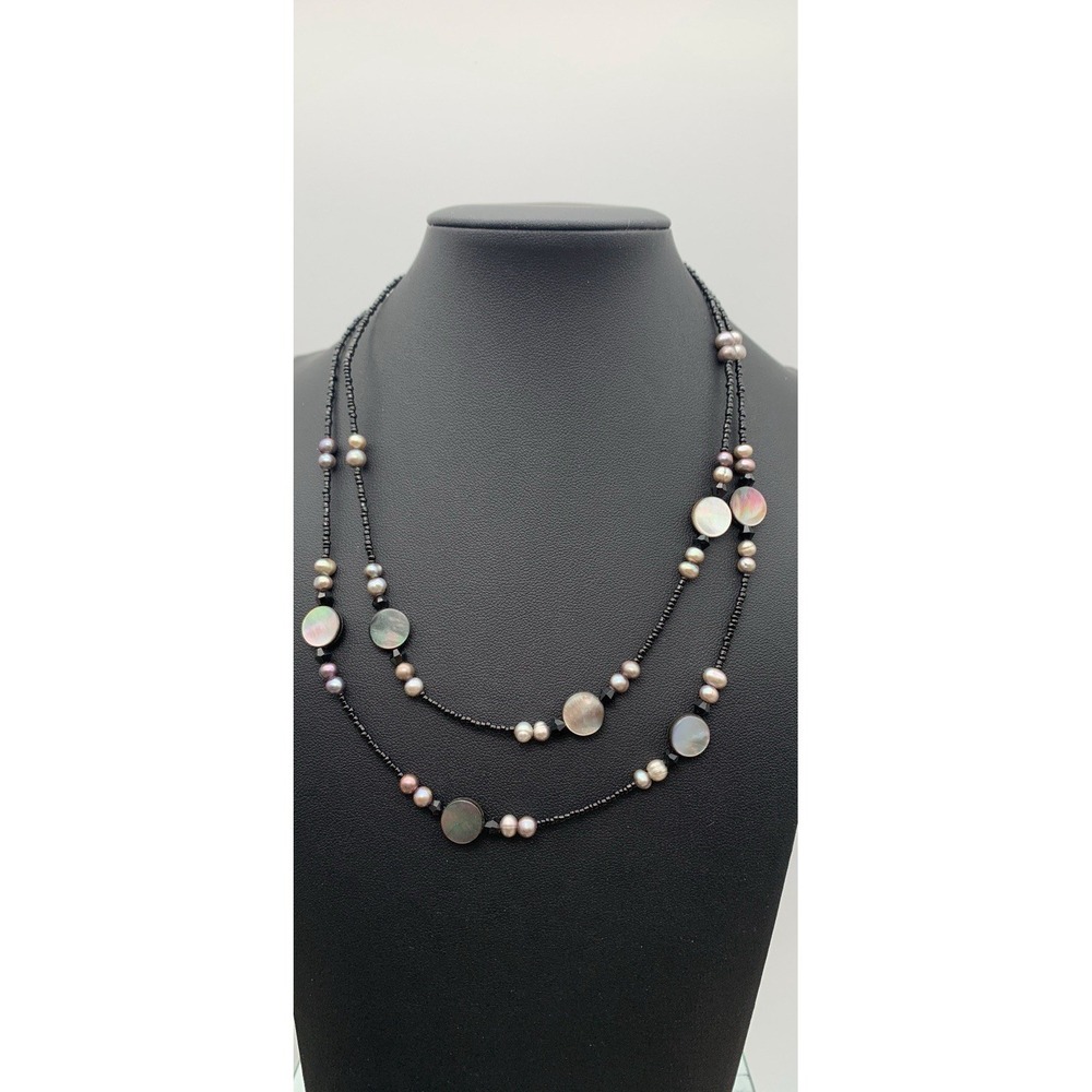Lia Sophia Double Layer Black Seed Bead Abalone Shell‎ And Pearl Necklace 16-18"